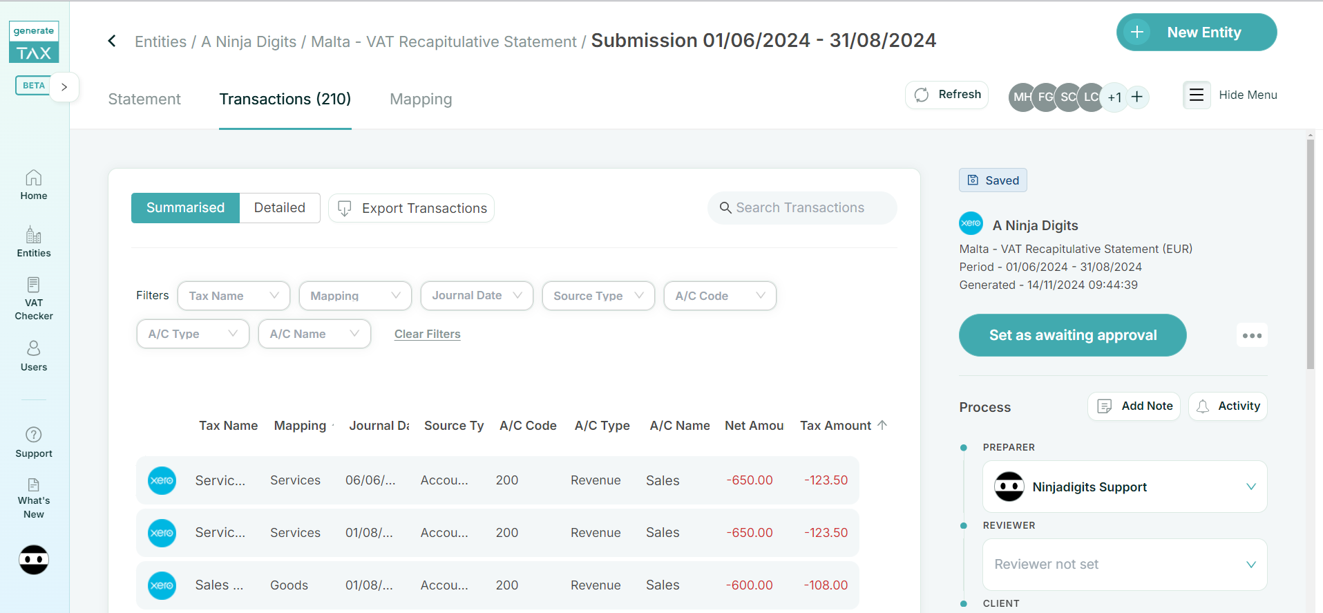 Recapitulative Statement Transactions