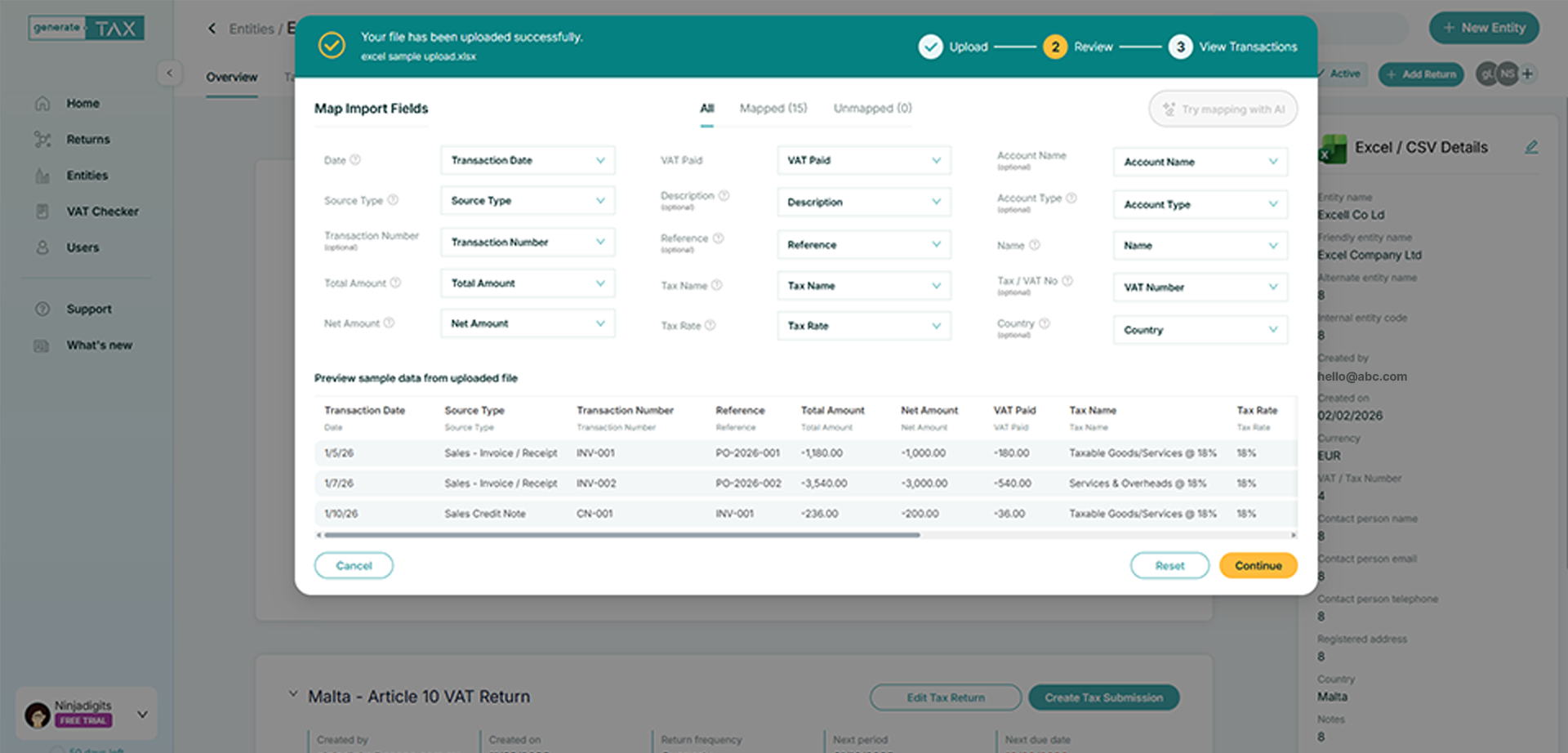 Map Your Columns in generate.TAX